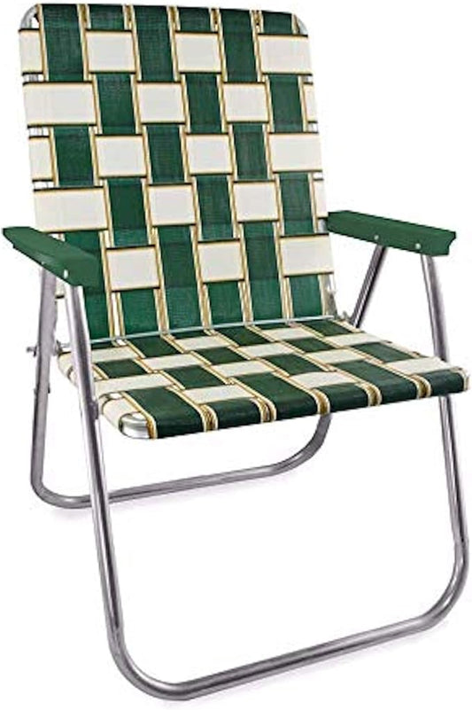 Lawn Chair USA Folding Aluminum Outdoor Patio Lawn Chair | Heavy-Duty Webbed Chairs for Camping, Sports, Beach, Yard & Tailgating | Lightweight Portable | Magnum - Charleston with Green Arms
