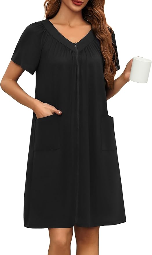Ekouaer Women Robe Zipper Front Mumu Duster Robes Zip Up Housecoat Soft Sleepwear with Pockets