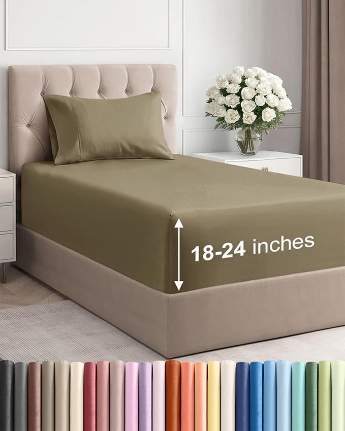 Extra Deep Pocket Twin XL Sheets - 3 Piece Breathable & Cooling Bed Sheets - Hotel Luxury Bed Sheet Set - Soft, Wrinkle Free & Comfy - Easily Fits Extra Deep Mattresses - Deep Pocket Khaki Sheets Set