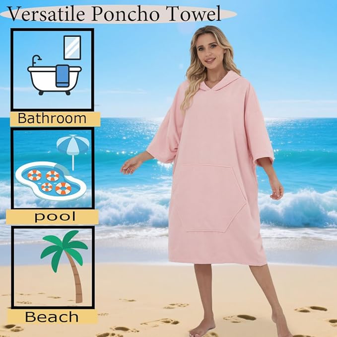 Surf Poncho Hooded Beach Towel, Quick Dry Terry Cloth, Extra Large Changing Robe with Pockets for Adults, Unisex Skin Pink Cover-Up for Swim, Bath, Beach, Gift for Swimmer Lovers
