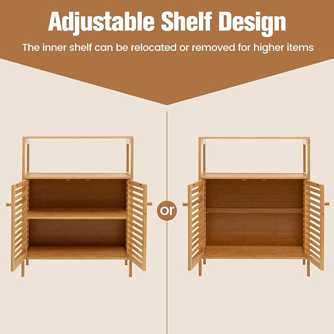 COSTWAY Bamboo Bathroom Cabinet, Freestanding Storage Cabinet Organizer with Louver Doors & Removable Shelf, Bathroom Floor Cabinet for Living Room, Kitchen, Entryway, Natural