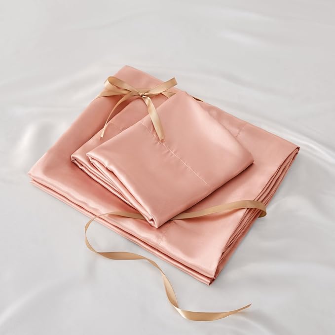 BEDELITE Satin Sheets Full Size Bed Set, Luxury Soft Coral Pink Silky Sheets for Hair and Skin, Similar to Silk Bed Sheets Set 4 Pieces with 1 Deep Pocket Fitted Sheet, 1 Flat Sheet, and 2 Pillowcases