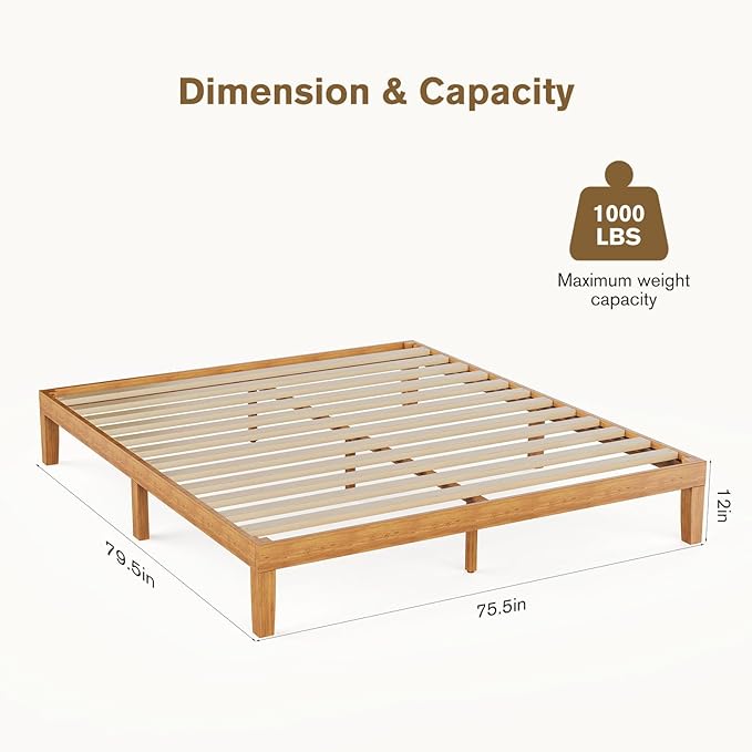 Sweetcrispy Solid Wood Bed Frame, King Size Bed Base with Wood Slat Support, Sturdy, Stylish & Noise-Free Design, No Box Spring Needed, Easy Assembly, 12 in Natural Pine