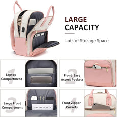 Laptop Backpack Women Work Bags - 15.6 inch Travel Backpack with USB Charger College Bookbag Waterproof Business Computer Backpack Anti-theft Casual Work Backpacks for Women Nurse Teacher Beige-Pink
