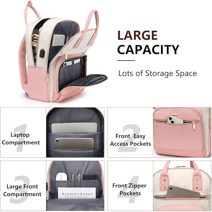 Laptop Backpack Women Work Bags - 15.6 inch Travel Backpack with USB Charger College Bookbag Waterproof Business Computer Backpack Anti-theft Casual Work Backpacks for Women Nurse Teacher Beige-Pink