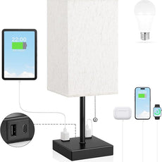aooshine Medium Table Lamp with USB Ports - 3 Color Temperature Bedside Lamp for Bedroom, Pull Chain Control, USB A and C Ports, 2 AC Outlets, Bulb Included
