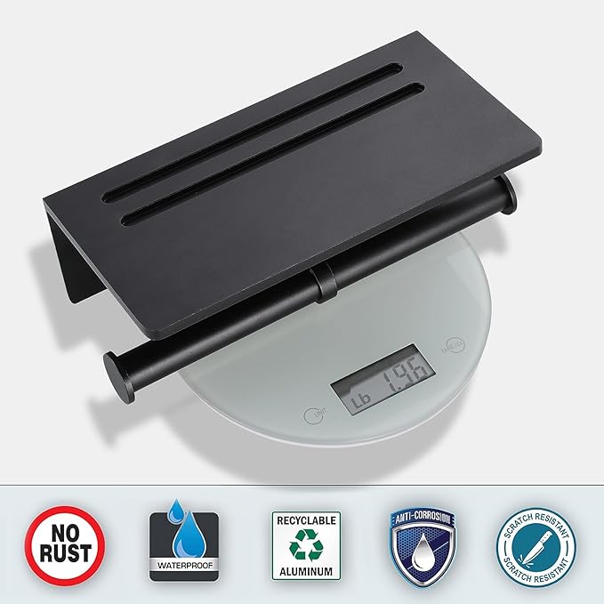 Toilet Paper Holder - Aluminium Double Roll Toilet Tissue Holder with Mobile Phone Shelf for Bathroom, 3M Self Adhesive No Drilling or Wall-Mounted with Screws, Rustproof Modern Style Black