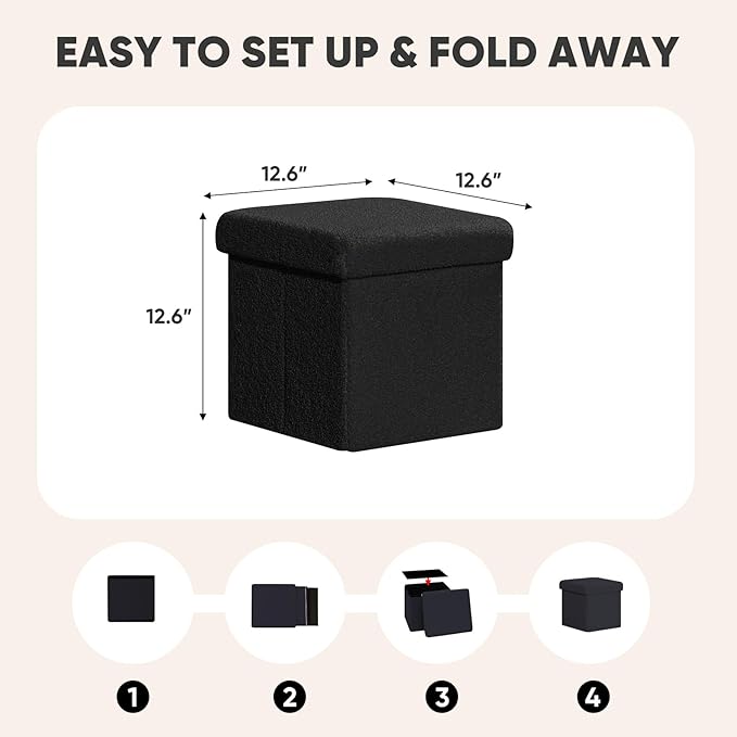 PINPLUS Storage Ottoman Cube Square Shaped Ottomans with Storage Foot Stool Footrest for Lving Room Boucle Ottoman Seat for Dorm Room,Faux Teddy Fur Black,12.6"x12.6"x12.6"