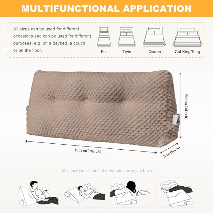 Large Triangular Headboard Wedge Pillow Soft and Supportive Headboard Backrest Positioning Support Bolster Cushion, Bed Wedge Pillow with Removable Cover(Brown,Twin,39x8x20inch)