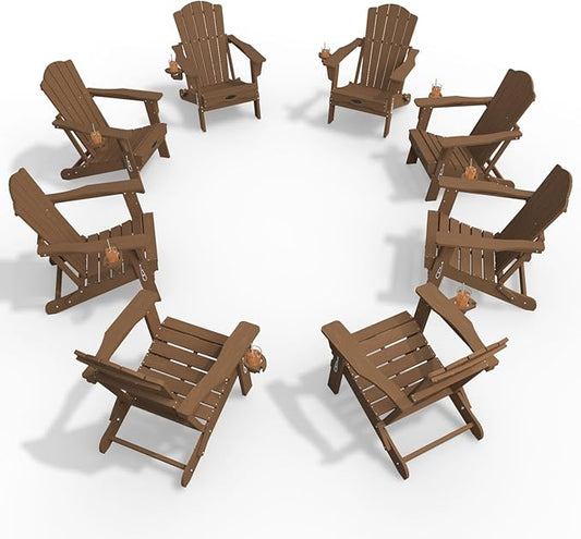 Adirondack Chair Set of 8, Folding All-Weather Outdoor HDPE Patio Chair with Cup Holder, Wood