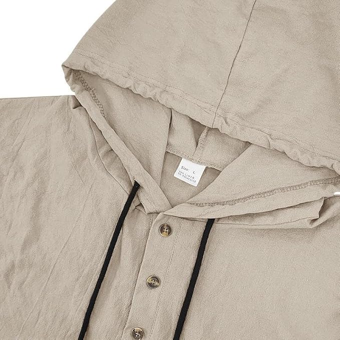 Men's Linen Blend Hoodie Long Sleeve Henley Pullover Sweatshirt Casual Loose Fit Top for Workout Beach Wear