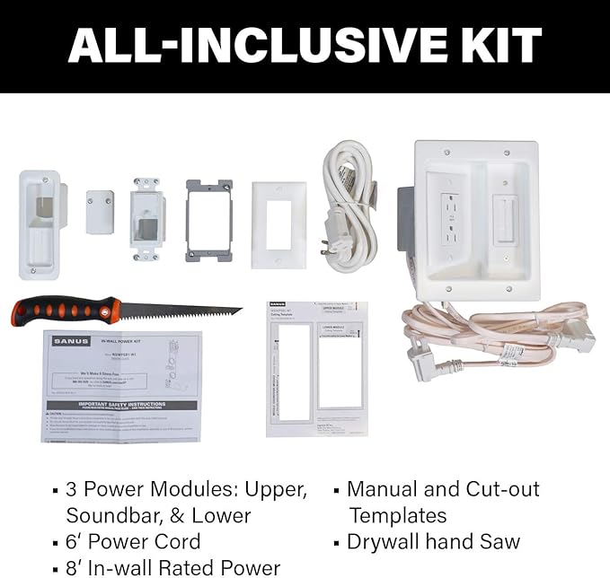 SANUS Ultimate in-Wall Cable Management Kit for Mounted TV & Soundbar - Includes Soundbar & TV Wire Management - Conceals Power, HDMI, Optical, and Low-Voltage Wires Behind Wall Model: WSIWPSB1