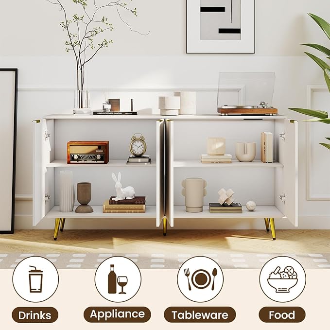 COCO DESIGN 61" Buffet Sideboard with Fluted Panel Doors, Power Outlet & Adjustable Shelves, Storage Cabinet with Metal Legs, Modern Farmhouse Console for Kitchen Dining Living Room Entryway, White