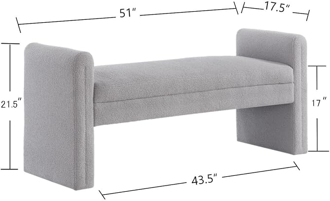 24KF Modern Upholstered Bed Bench Covered with Soft Boucle Teddy Fabric, Lovely Entryway Bench Ottoman with Armrest,5062-Gray