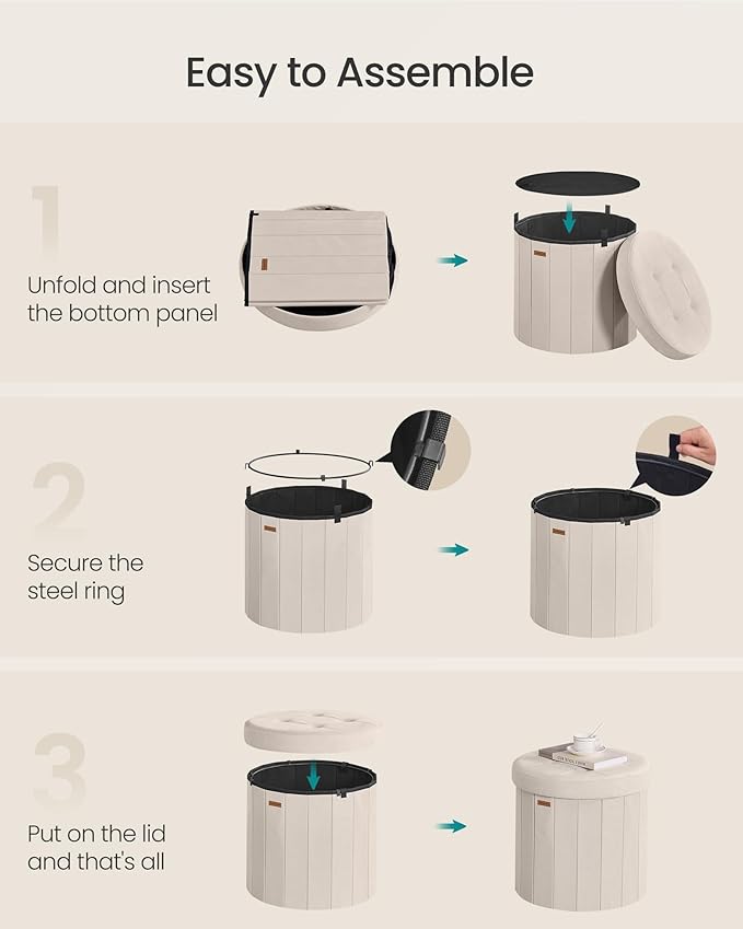 SONGMICS Mazie Collection - Round Storage Ottoman, Folding Footrest Stool with Removable Lid, Easy Assembly, Velvet Vanity Stool for Bedroom, Living Room, Entryway, Cappuccino Beige ULSF608L01