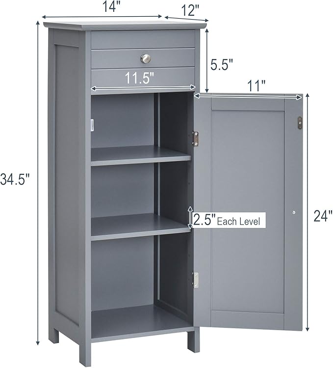 Tangkula Bathroom Floor Cabinet, Wooden Side Storage Cabinet, Freestanding Single Door Bathroom Cabinet with Large Drawer & 2 Adjustable Shelves for Living Room Kitchen (Grey)