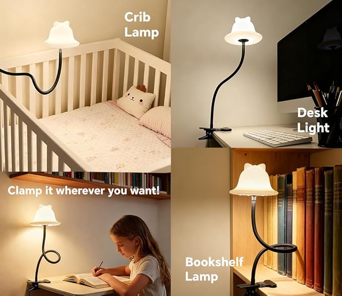 Clip On Light and Bed Reading Light, Clip on for Desk, Bedside Lamps for Dorm, College Dorm Room Essentials, Night Light for Kids Nursery, Multicolor LEDs, Adapter Included