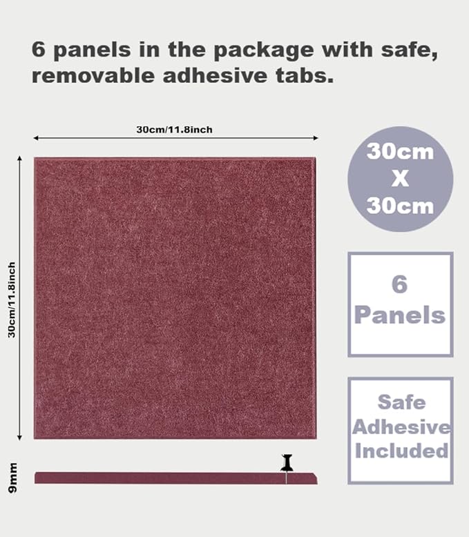 Cork Board 24 x36 Alternative - 6 Pack Felt Wall Tiles with Safe Removable Adhesive Tabs, Cork Boards for Walls Cork Board for Home Office Pin Board Tack Board - Red Wine