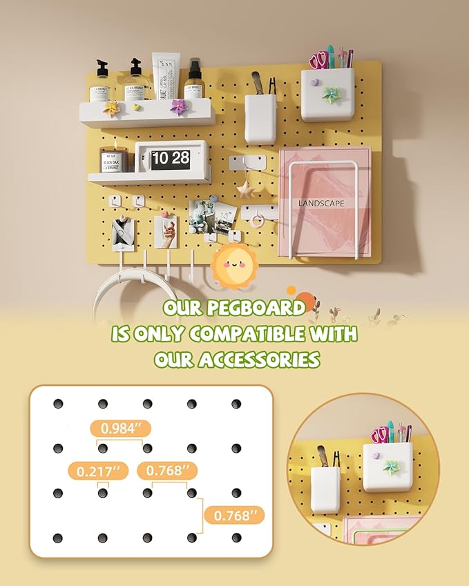 Metal Pegboard Kit — Carbon Steel Pegboards with 26 Accessories, Pegboard Wall Organizer for Home, Office, Study Room, Kitchen, Craft Room & Gaming Setup — 24″ × 16″ Yellow Peg Board