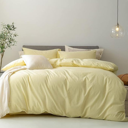 FOSSA Duvet Cover Set 100% Washed Cotton Linen Feel Super Soft Breathable Cozy 3 Pieces Bedding Sets Solid Pastel Yellow Oversized Queen