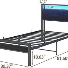 HOJINLINERO Twin Bed Frames with LED Light and Charging Station, Wood Storage Headboard with 2-Tier Shelves, Metal Platform Bed with Heavy Duty Slats Support, No Box Spring Needed, Black