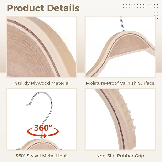 30 PCS Slim Natural Wooded Hangers with Extra Soft Non-Slip Rubber Grips - Curved Shoulder Design, 360° Rotatable Metal Hook Hangers for Shirts Sweaters Jackets Dresses