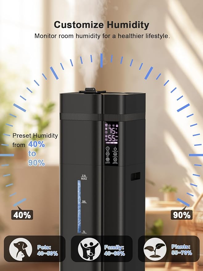 13L/3.4Gal Humidifiers for Bedroom, Ultrasonic Warm & Cool Mist Humidifier Large Room, Covers 800ft², 72H Runtime, 24H Timer, 3 Mist Modes Top Fill Quiet Humidifiers for Home, Office, Black