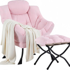 Cozy Lazy Chair and Ottoman, Large Contemporary Accent Lounge Chair Set, Leisure Upholstered Reading Armchair for Bedroom, Living Room, Dorm Rooms, Office, Peach Pink