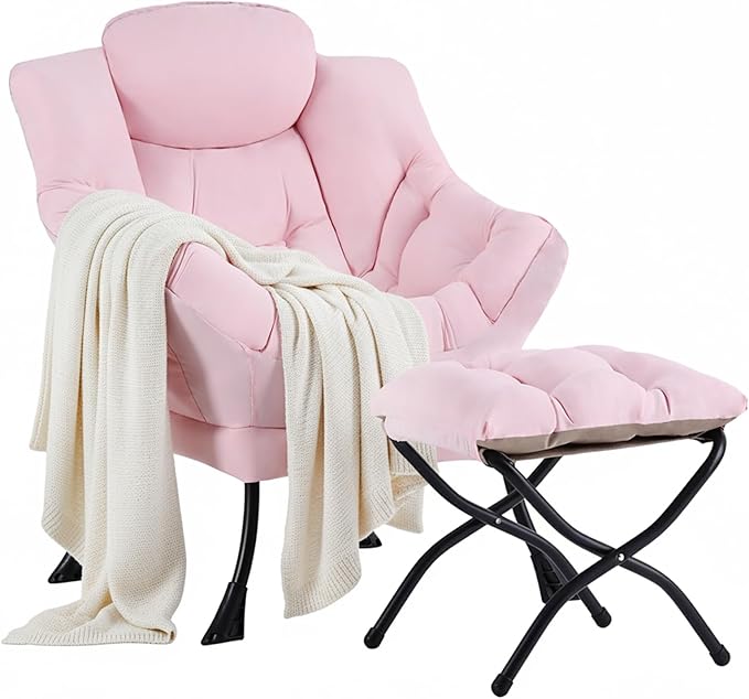 Cozy Lazy Chair and Ottoman, Large Contemporary Accent Lounge Chair Set, Leisure Upholstered Reading Armchair for Bedroom, Living Room, Dorm Rooms, Office, Peach Pink