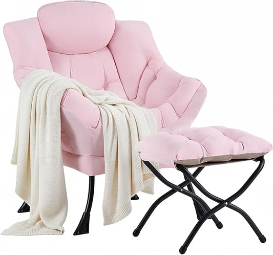 Cozy Lazy Chair and Ottoman, Large Contemporary Accent Lounge Chair Set, Leisure Upholstered Reading Armchair for Bedroom, Living Room, Dorm Rooms, Office, Peach Pink