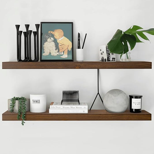Homeforia Classic Walnut 48 inch Floating Shelf, High End Solid Real Wood Small 48inch Floating Shelves for Wall Mounted, 48in Floating Shelves, Heavy Duty Bracket, 48 X 6.5 X 1.75 inches, Set of 3