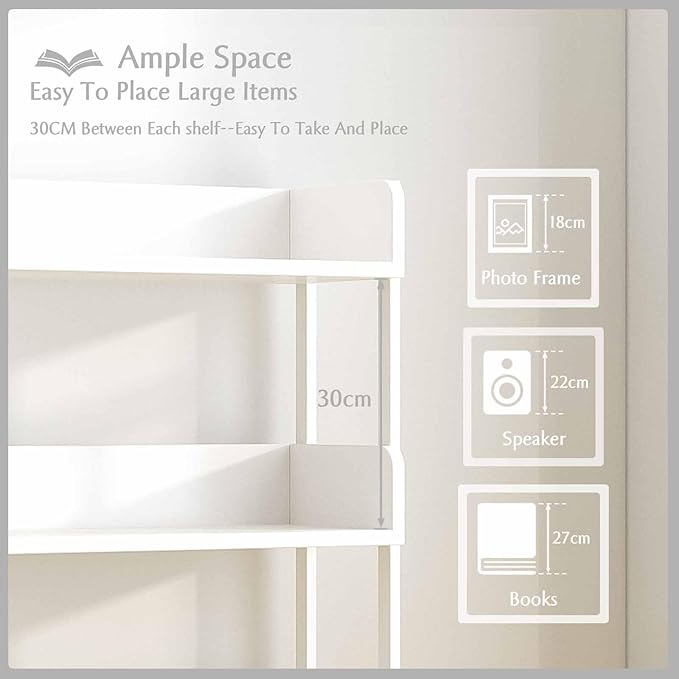 Wide Open Shelf Bookcase - Modern 5-Tier Floor Standing Display Bookshelf with Three-Side Baffles and Metal Frame for Home and Office, Storage Shelving, Warm White