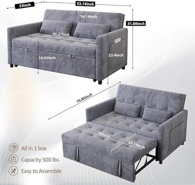 Sofa Bed, Loveseat 3-in-1 Sleeper Sofa with Pull Out Bed and USB, Modern Corduroy 2 Seater Convertible Small Couch for Living Room Bedroom Apartment, Gray