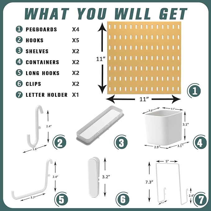 Pegboard Combination Kit, Wall Mounted Storage Set with 4 Pegboards & 14 Accessories Hanging, Yellow Peg Boards Organizer for Walls Display, Crafts Organization, Kitchen Organizer, 22" x 22"