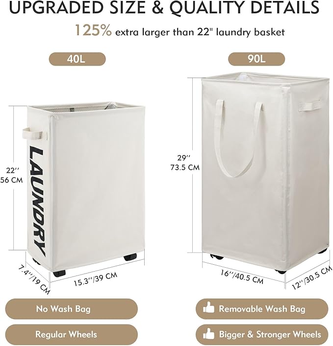 DOKEHOM 90L X-Large Laundry Basket with Removable Wash Bag on Wheels, Collapsible Rolling Laundry Hamper, Foldable Clothes Organizer, Folding Washing Bin (Beige)