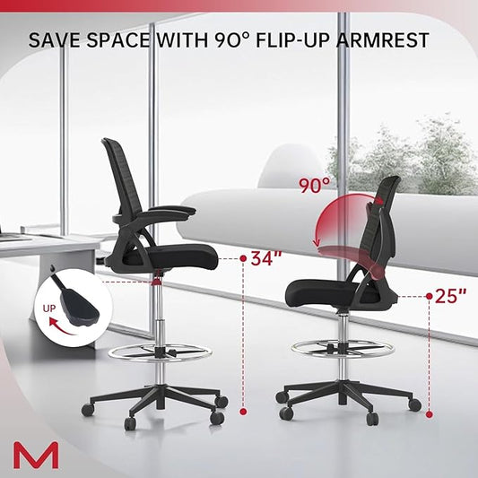 Drafting Chair with Mesh Backrest, Foot Ring,Tall Office Chair with Flip-Up Armrest,Set of 2 Counter Height Office Swivel Standing Desk Chair with Lumbar Support for Home,Office,Bar