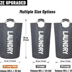 Caroeas 125L Laundry Basket,Large Laundry Hamper, Laundry Bag with Padded Handles, Clothes Hamper Stands Up Well, Collapsible Free Standing Easy Storage Washing Bin (Dark Grey,125L)