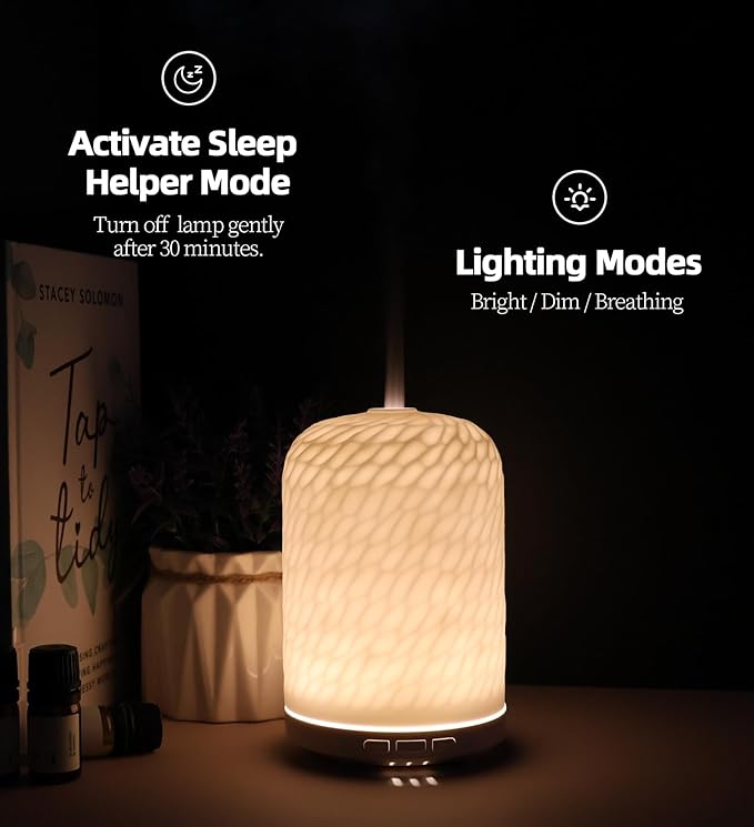 Essential Oil Diffuser – 2.4MHz Ultrasonic Aromatherapy Diffuser, Health Night Light, Timer & Auto Shut-Off, BPA-Free, 120ml Ceramic Oil Diffuser for Home, Office, or Spa, Yoga