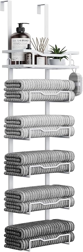 Hanging Towel Racks for Bathroom No Drill - Over The Door 6-Tier Bath Towel Storage Organizer for Small Bathrooms - Back Door Large Tiered Towel Holder Hanger for Rolled Towels RV Camper White