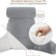 Nestl Reading Pillow with Shredded Memory Foam Includes 2 Neck and Lumber Support Pillows, Designed for Sitting Up in Bed and Couch, Back and Arms Adjustable Support for Adult & Teens, Grey