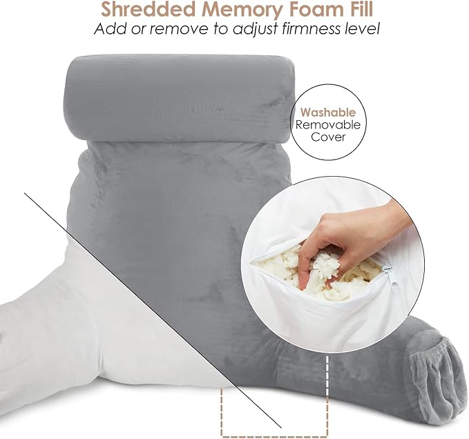 Nestl Reading Pillow with Shredded Memory Foam Includes 2 Neck and Lumber Support Pillows, Designed for Sitting Up in Bed and Couch, Back and Arms Adjustable Support for Adult & Teens, Grey