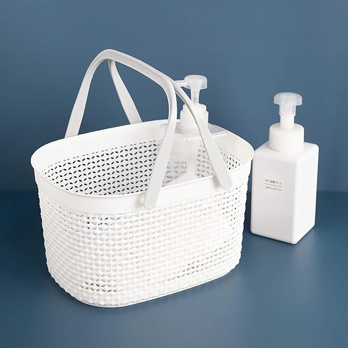 rejomiik Portable Shower Caddy Basket, Plastic Organizer Storage Tote with Handles for Bathroom, College Dorm, Kitchen, White
