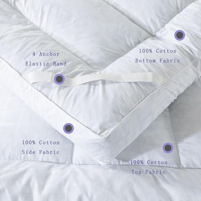 WhatsBedding Duck Feather Bed Mattress Topper, 100% Cotton Memory Foam Mattress Topper, 2500GSM Overfilled Pillow Top, Hotel Collection