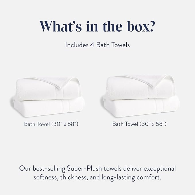 Brooklinen Super-Plush Turkish Cotton Bath Towels - Set of 4 - Cotton, 820 GSM, Highly Absorbent, Machine Washable, Perfect for Home & Bathroom (30" x 58", Solid White)