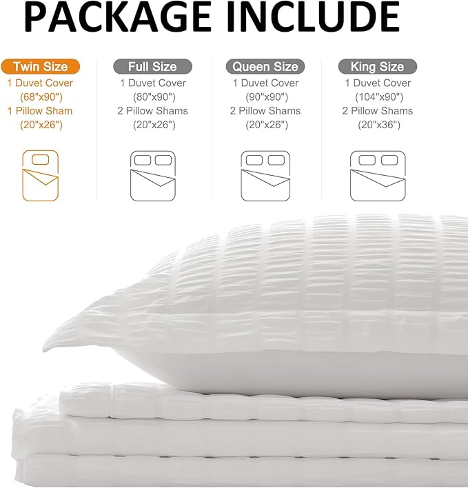Cozyide White Twin Duvet Cover, 2 Pieces Bedding Duvet Covers, Soft Breathable Seersucker Duvet Cover Set with Zipper Closure and Corner Ties (1 Duvet Cover 68"x90" + 1 Pillow Sham 20"x26")