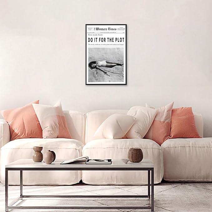Vintage Women Times Do It for The Plot Wall Art Trendy Black and White Canvas Print Poster Vintage Woman Times Newspaper Prints Beachy Hot Girl Wall Decor for Bar Cart Girls Dorm Bedroom 16x24inch black framed