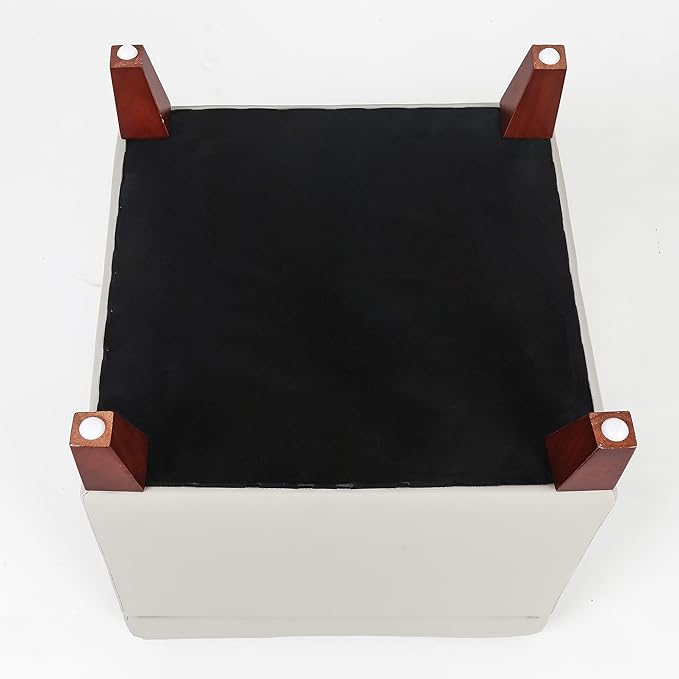 Leather Storage Ottoman with Hinged Lid, Square Foot Rest Stool Tufted Cube Footstool, Beige Grey