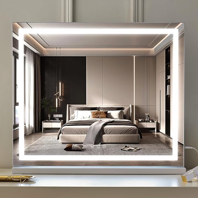 HIEEY Lighted Makeup Mirror, Hollywood Vanity Mirror with Lights, Three Color Lighting Modes, with 5X Magnification Mirror, Smart Touch Control, 360°Rotation (22.8in,White)