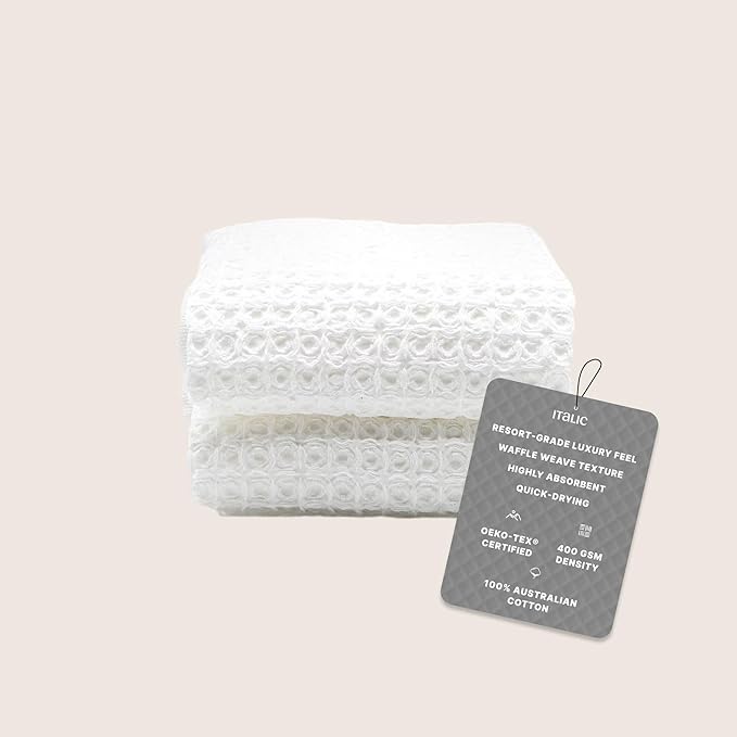 Italic Sedona Waffle Hand Towels – 410 GSM 100% Cotton, Set of 2, Lightweight, Quick-Drying & Textured Towels, White