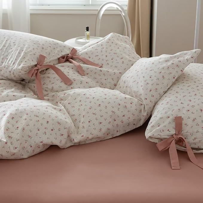 MKXI White and Pink Comforter Set - Queen Size with Flowers, Pink Stripes, Garden Theme - Soft, Floral Print Comforter